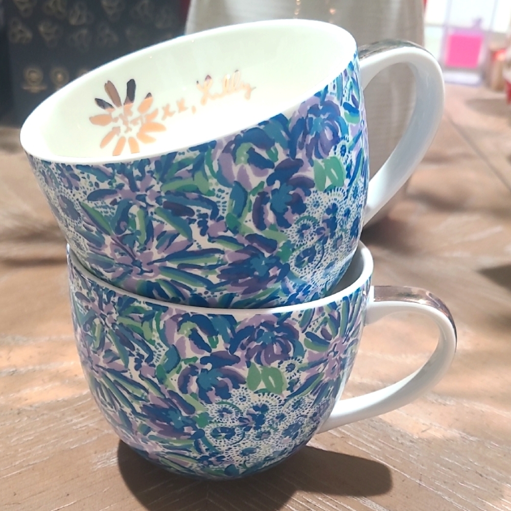 Lilly Pulitzer Floral Blue and Green Ceramic Mugs